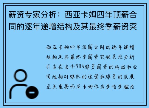 薪资专家分析：西亚卡姆四年顶薪合同的逐年递增结构及其最终季薪资突破美元