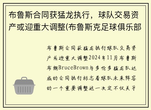 布鲁斯合同获猛龙执行，球队交易资产或迎重大调整(布鲁斯克足球俱乐部)