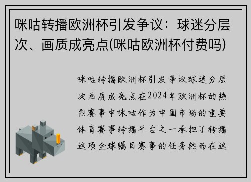 咪咕转播欧洲杯引发争议：球迷分层次、画质成亮点(咪咕欧洲杯付费吗)