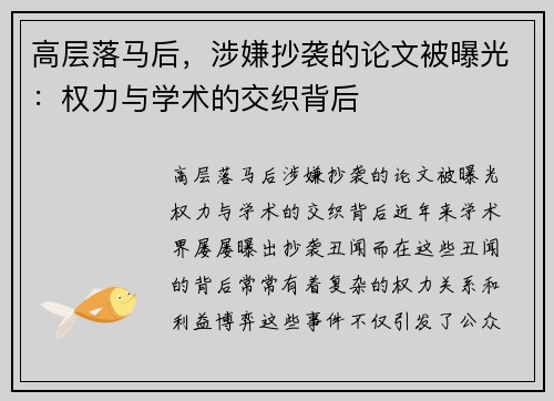 高层落马后，涉嫌抄袭的论文被曝光：权力与学术的交织背后