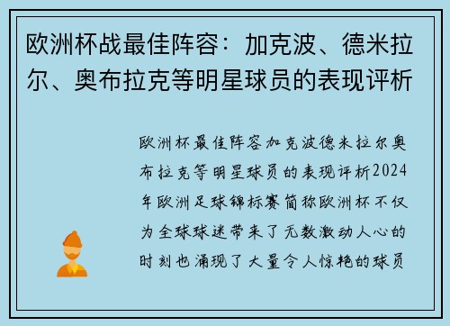 欧洲杯战最佳阵容：加克波、德米拉尔、奥布拉克等明星球员的表现评析