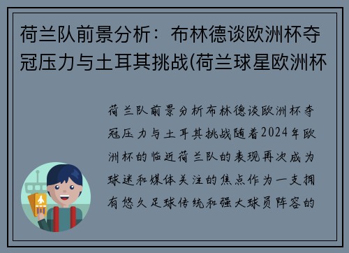 荷兰队前景分析：布林德谈欧洲杯夺冠压力与土耳其挑战(荷兰球星欧洲杯)