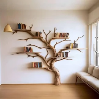 Artistic Wild Mulberry Solid Wood Tree Bookshelf For Living Room