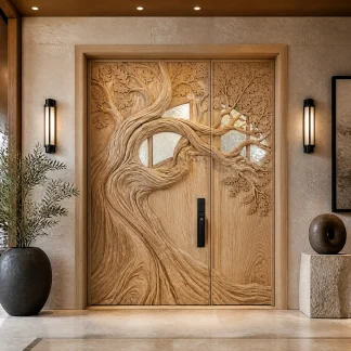 Aurelthorn Sculpted Solid Wood Single Door With Panel