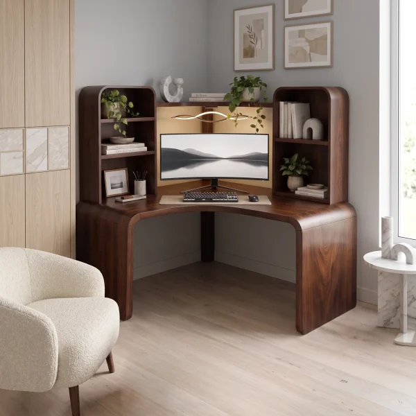 Contemporary Computer Desk With Corner Bookcase For Workspace
