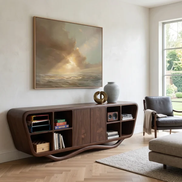 Contemporary Curved Open Shelf Sideboard For Entryway