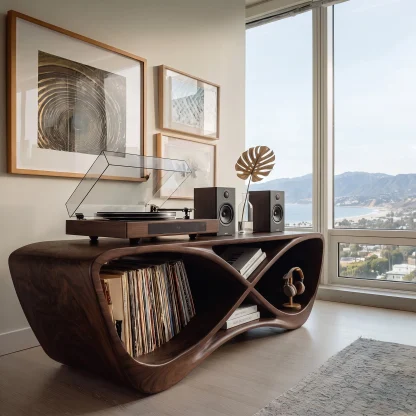 Contemporary Curved Wooden Record Player Console For Living Room