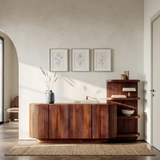 Contemporary Fluted Sideboard With Shelves For Living Room