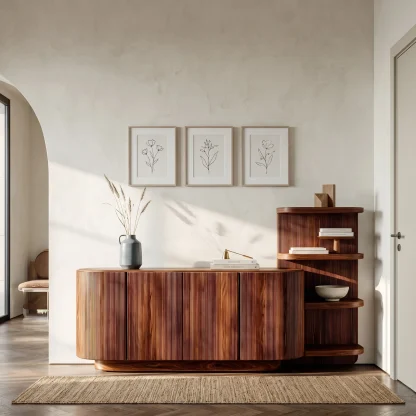 Contemporary Fluted Sideboard With Shelves For Living Room