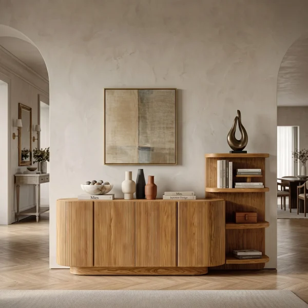 Contemporary Fluted Sideboard With Shelves For Living Room