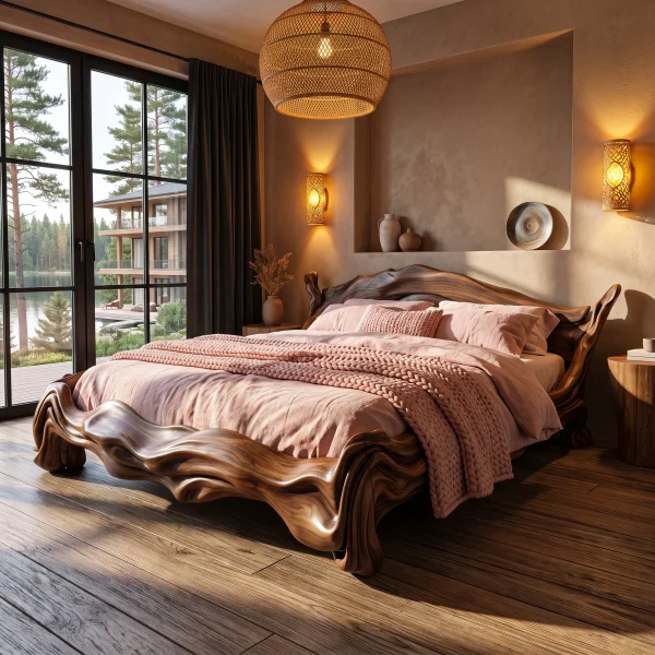 Contemporary King Bed Frame With Flowing Ripple Form For Bedroom