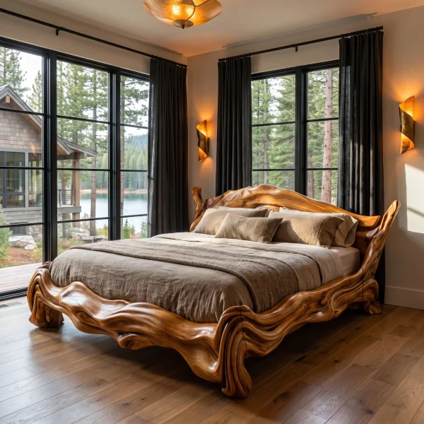 Contemporary King Bed Frame With Flowing Ripple Form For Bedroom