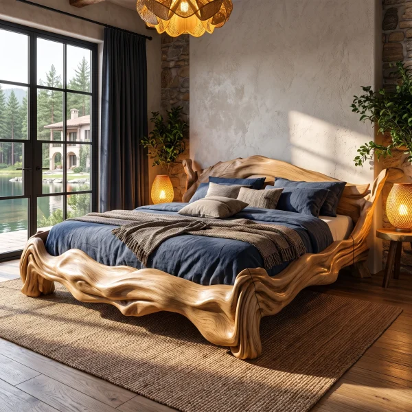 Contemporary King Bed Frame With Flowing Ripple Form For Bedroom
