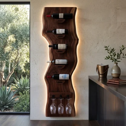 Contemporary Live Edge Wine Rack With Glass Holder For Dining Room