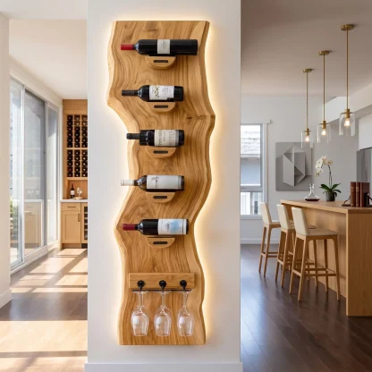 Contemporary Live Edge Wine Rack With Glass Holder For Dining Room