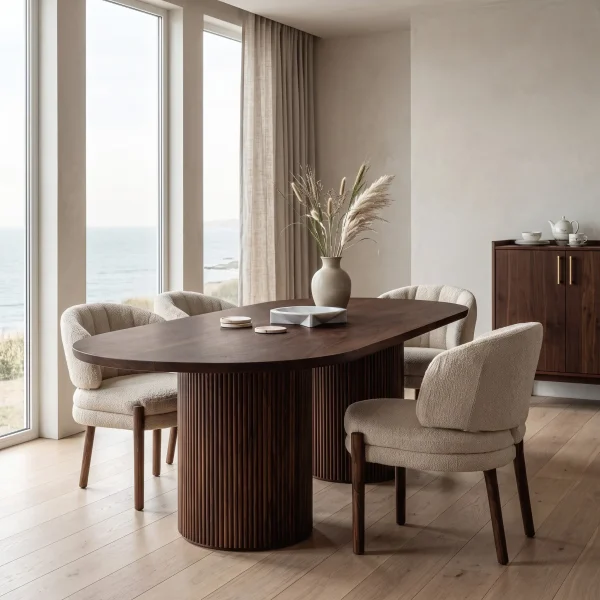Contemporary Natural Wood Dining Table Fluted Pedestal For Dining Room