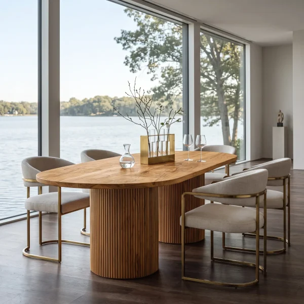 Contemporary Natural Wood Dining Table Fluted Pedestal For Dining Room