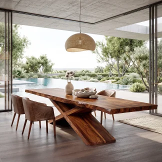 Contemporary Natural Wood Dining Table Geometric Base For Dining Room