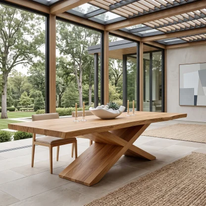 Contemporary Natural Wood Dining Table Geometric Base For Dining Room