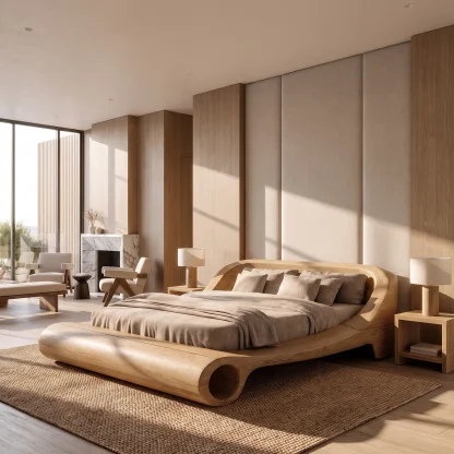 Contemporary Queen Bed Frame With Sculptural Rounded Frame For Bedroom