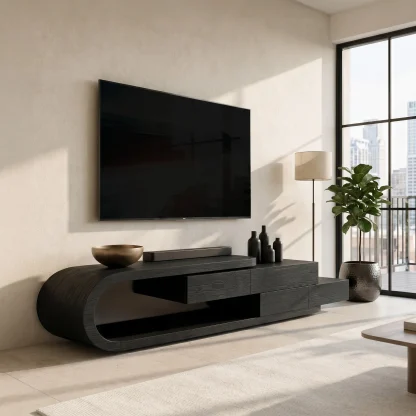 Contemporary Rounded TV Console With 2 Tiers For Living Room