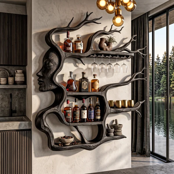 Contemporary Wall Mounted Wine Rack With Sculptural Face Tree Design For Dining Room