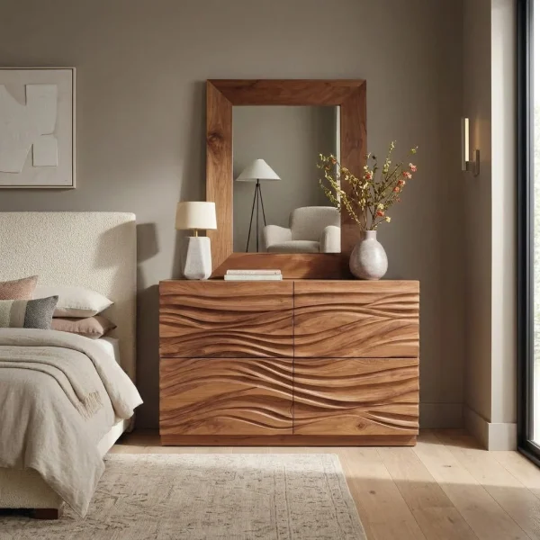 Contemporary Wave Carved Dresser For Bedroom