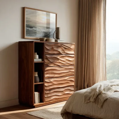 Contemporary Wave Carved Dresser With Shelves For Bedroom
