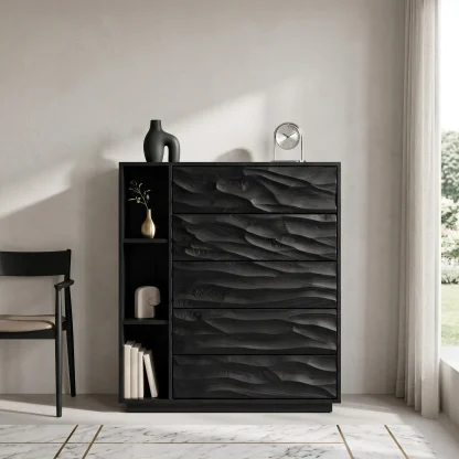 Contemporary Wave Carved Dresser With Shelves For Bedroom