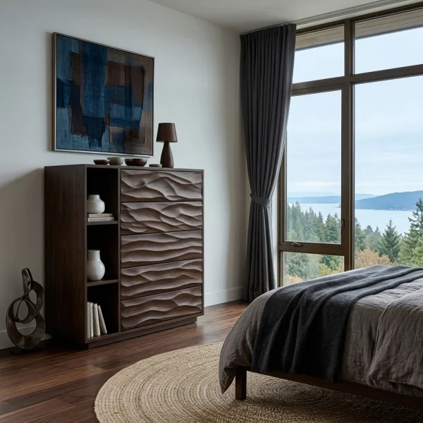 Contemporary Wave Carved Dresser With Shelves For Bedroom