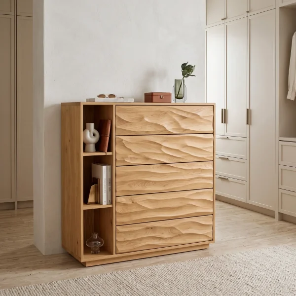 Contemporary Wave Carved Dresser With Shelves For Bedroom
