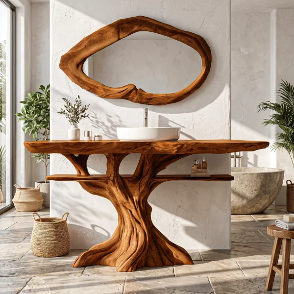 Contemporary Wooden Bathroom Vanity With Tree Inspired Frame For Bathroom