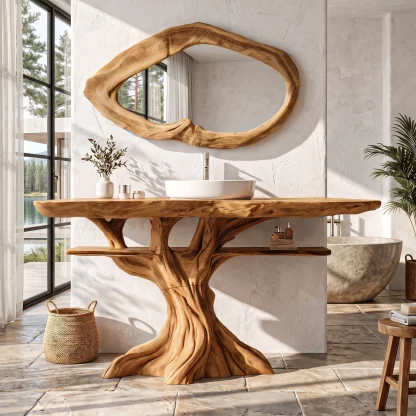 Contemporary Wooden Bathroom Vanity With Tree Inspired Frame For Bathroom