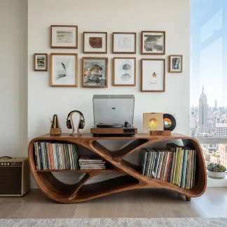 Contemporary Wooden Record Player Console For Living Room