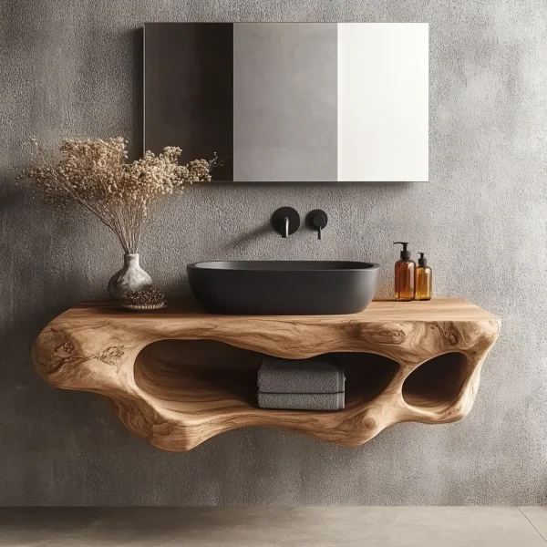 Corva Sculpted Solid Wood Floating Bathroom Vanity With Open Storage