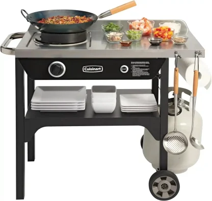 Cuisinart Outdoor Wok Station With Prep Table, 50,000 BTU, 14 inch Carbon Steel Wok - Black