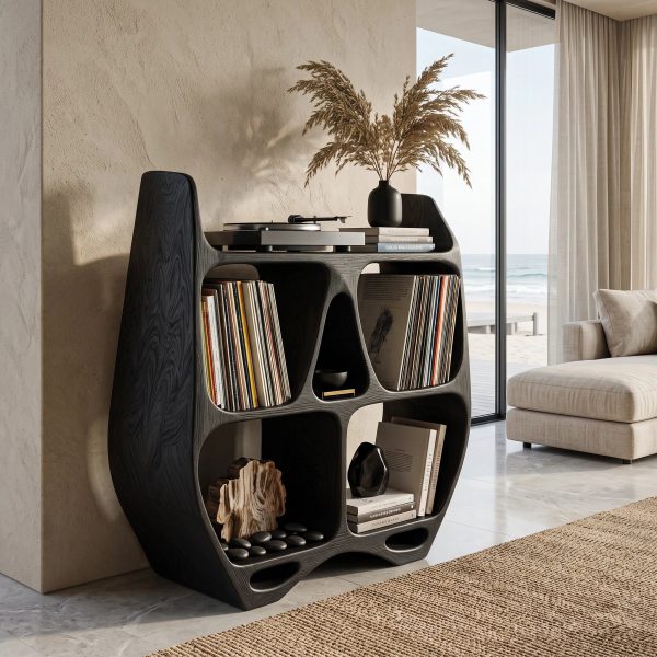 Elegant Sculptural Wooden Record Cabinet For Living Room