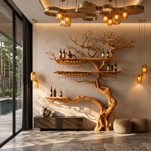 Farmhouse Wall Hanging Wine Rack With Rustic Tree Silhouette For Dining Room