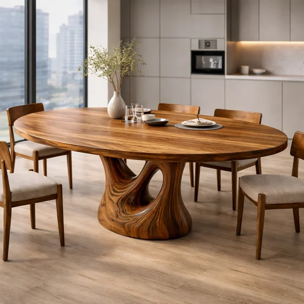 Farmhouse Wooden Dining Table With Sculptural Base For Dining Room