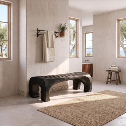 Japandi Bath Bench With Slatted Seat And Balanced Minimal Form