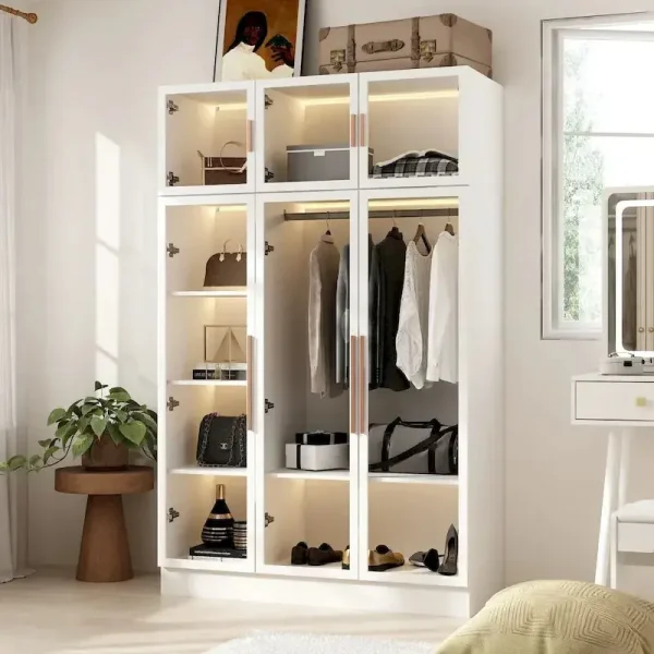 LED-Lit Glass Armoire 47.2in Wide Wardrobe With Full-Glass Doors