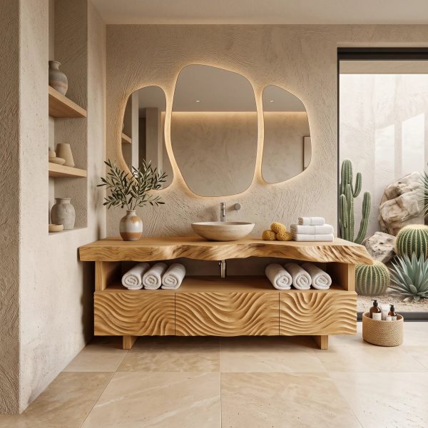 Luxury Bathroom Vanity Wave Carved Drawers For Modern Spa