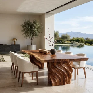 Luxury Natural Wood Dining Table Carved Pedestal For Dining Room