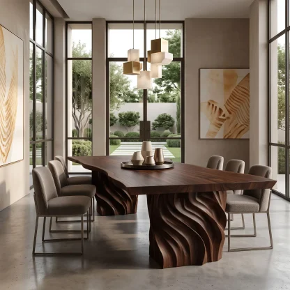 Luxury Natural Wood Dining Table Carved Pedestal For Dining Room