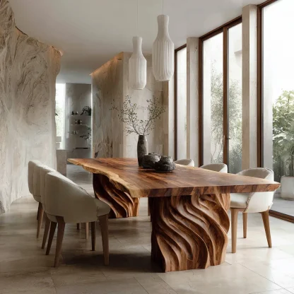 Luxury Natural Wood Dining Table Carved Pedestal For Dining Room