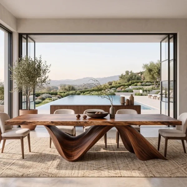 Luxury Natural Wood Dining Table Wave Base For Dining Room