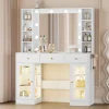 Makeup Vanity Desk With Mirror, LED Lights, Glass Top, 3 Drawers And 2 RGB Glass Cabinets, White
