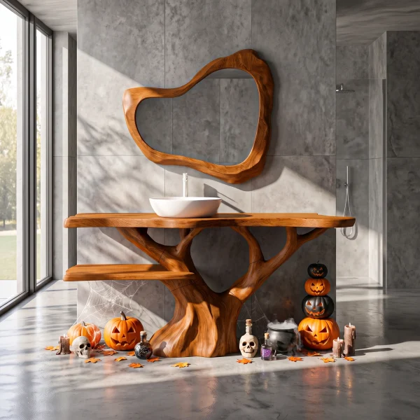 Mid Century Halloween Solid Wood Bathroom Vanity With Sculptural Tree Form For Bathroom
