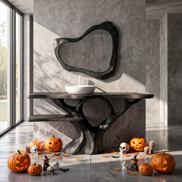 Mid Century Halloween Solid Wood Bathroom Vanity With Sculptural Tree Form For Bathroom