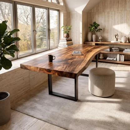 Mid Century Rustic Wooden Live Edge Desk For Home Office